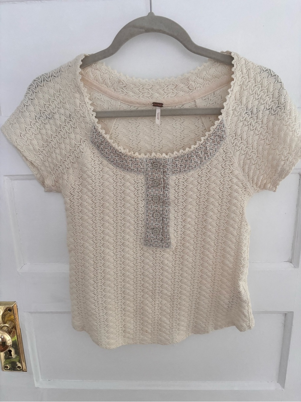Free People Cream Short-Sleeve Knit Top with Embellished Scoop Neckline